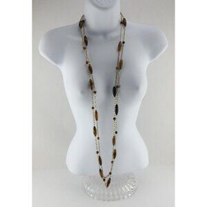 Vintage 1960's Gold Tone Chain Necklace Faux Wood Beads Tiger Eye Double Strand